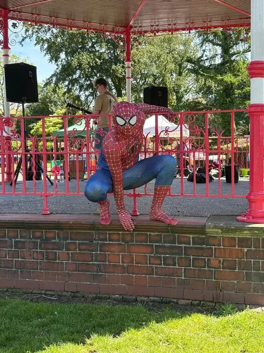 Spider-Man crouching on a bandstand wall at an outdoor event