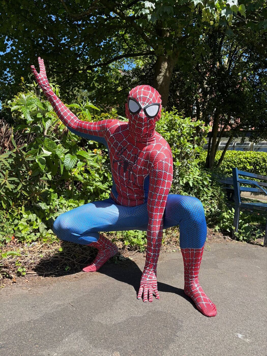 Spider-Man crouching in a garden, ready for action